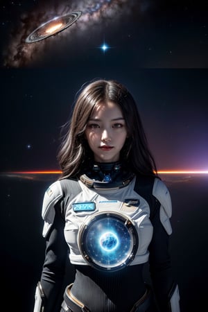 (masterpiece, 8k resolution, digital art, high detail:1.3), enigmatic space traveler, (dark flowing hair with glittering stardust:1.2), (sleek, streamlined body type suited for zero gravity:1.1), (proportions that evoke a sense of elongation:1.1), (futuristic suit interwoven with neon circuitry:1.3), (floating in the vacuum with an ornate astrolabe:1.2), reflective, awestruck, (subtle smile suggesting tranquility amidst the cosmos:1.1), adventurous, curious, (floating amidst an asteroid belt, nebulae painting the darkness:1.2), story of exploration beyond the known, science fiction era, (interstellar expanse with binary stars illuminating the scene:1.1), influenced by epic space opera visuals, (cyberpunk aesthetics for close-up equipment and accessories:1.2), palette of cosmic purples, blues, and silvers, feeling of vast solitude, (bioluminescent lighting from nearby cosmic entities:1.2), (composition focused on traveler's silhouette against the cosmic backdrop:1.2), first-person perspective, (asteroids and space debris as focal points:1.1), (textures of spacesuit fabric and astrolabe's intricate carvings:1.2), (texture realism highlighting the contrast between human and void:1.3), (atmosphere charged with wonder and the unknown:1.2)