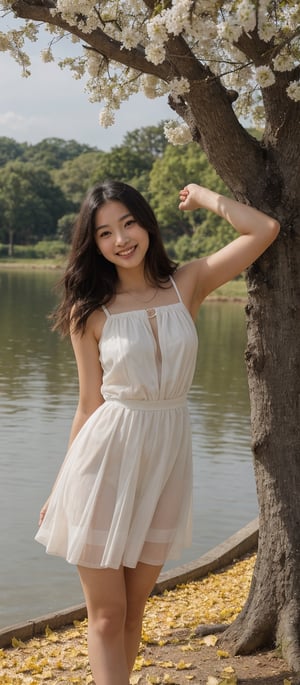 A beautiful girl from Taiwan stands under the big Arbor tree. The yellow fallen leaves are in full bloom. The yellow petals remain on the girl's body. She is smiling happily. Her real skin and delicate face are wearing a red tulle dress and gray-white wavy hair. Long hair, with a bridge and lake in the background and white smoke filling the lake