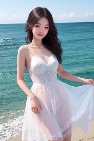 Help me draw a picture of a Taiwanese beauty, wearing white tulle, dancing, delicate skin and face, photo effect, looking at the sea, giving people a feeling of confidence and happiness, 520 means I love you, this girl It gives people a feeling of loving themselves, and the background shows a posture of happiness in love.