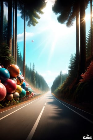 Hyper-realistic view , of a 2 lane road , running through the forest, the_amazing_world_of_gumball_(series)