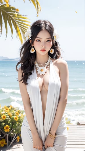 1girl, solo, digital art, Hawaiian grass skirt, long black hair, outdoor setting, beachside, sunny day,A wreath hanging around the neck,topless,flower headgear,((flower necklace:1.5)),hawaiian hula,Flower necklace hanging around the neck,(white skin:1.5),((naked body:1.5)),perfect boobs,looking_at_viewer,



,1 girl,Double exposure, real person, color splash style photo,ri.ggwp_1,beautyniji,intricate printing pattern ,red dress