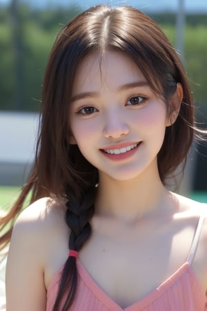 (8k,  best quality,  masterpiece,  ultra high res,  highly detail face:1.3),  portrait,  (18 years old girl:1.3),  beautiful,  kawaii,  (very wide shot :1.2),  (long hair :1.3),  dark hair,  ((bob)),  clothes,  from side:1.2, (happy smile :1.4), sweat ,  (morning:1.3), tennis-court, white tennis wear,  from below:1.3