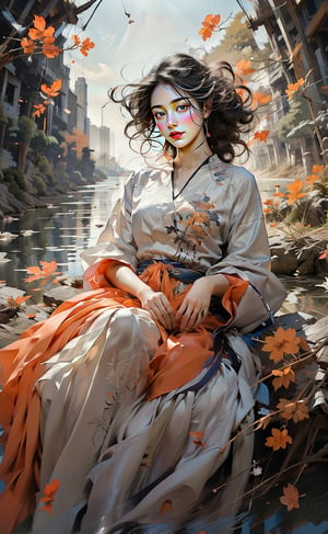 A Korean girl, wearing gray and white tulle, with a delicate face, real style, exquisite facial features, happy smile, sitting by the lake quietly enjoying life, the wind chimes in the wind are so light,
 You listen to the sound of the wind,
 I feel myself gradually rippling,
 It is more comfortable than fallen leaves and more tranquil than lake water.