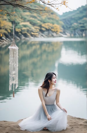 A Korean girl, wearing gray and white tulle, with a delicate face, real style, exquisite facial features, happy smile, sitting by the lake quietly enjoying life, the wind chimes in the wind are so light,
 You listen to the sound of the wind,
 I feel myself gradually rippling,
 It is more comfortable than fallen leaves and more tranquil than lake water.,better photography
