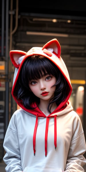 1girl, solo, long hair, looking at viewer, bangs, shirt, black hair, long sleeves, bow, animal ears, closed mouth, white shirt, upper body, hood, black eyes, red bow, lips, head tilt, hoodie, hood up, paper, red lips, white hoodie