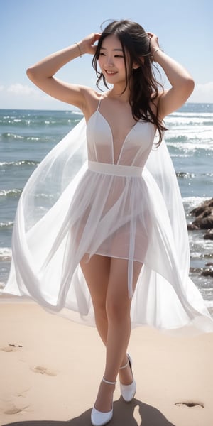 Help me draw a picture of a Taiwanese beauty, wearing white tulle, dancing, delicate skin and face, photo effect, looking at the sea, giving people a feeling of confidence and happiness, 520 means I love you, this girl It gives people a feeling of loving themselves, and the background shows a posture of happiness in love.