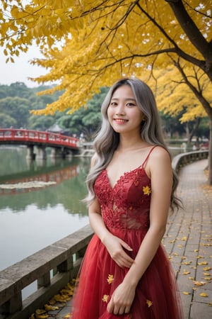 A beautiful girl from Taiwan stands under the big Arbor tree. The yellow fallen leaves are in full bloom. The yellow petals remain on the girl's body. She is smiling happily. Her real skin and delicate face are wearing a red tulle dress and gray-white wavy hair. Long hair, with a bridge and lake in the background and white smoke filling the lake