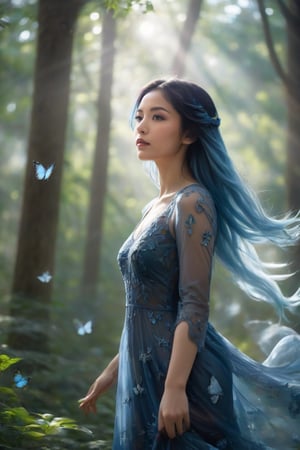 Digital illustration of a young woman with long blue hair in a graceful blue and black dress, surrounded by a whirlwind of delicate icy blue leaves and butterflies. She looks up with a sense of wonder and gently reaches out to touch the beauty around her. The scene has a cool, calm atmosphere, with a fantastic atmosphere based mainly on blue tones. The woman is focussed in soft lighting, highlighting the details of her profile and dress, as if she is in a forest clearing with a pillar of light shining through. The artwork is highly detailed, with intricate patterns in the dress and a sense of dynamic movement in the swirling leaves and butterflies. A digital illustration of a young woman with long blue hair in a graceful blue and black dress, surrounded by a whirlwind of delicate icy blue leaves and butterflies. She looks up with a sense of wonder and gently reaches out to touch the beauty around her. The scene has a cool, calm atmosphere, with a fantastic atmosphere based mainly on blue tones. The woman is focussed in soft lighting, highlighting the details of her profile and dress, as if she is in a forest clearing with a pillar of light shining through. The artwork is highly detailed, with intricate patterns in the dress and a sense of dynamic movement in the swirling leaves and butterflies.