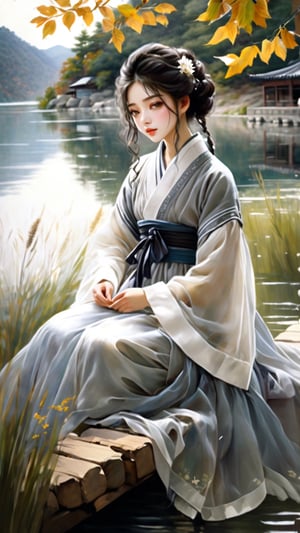 A Korean girl, wearing gray and white tulle, with a delicate face, real style, exquisite facial features, happy smile, sitting by the lake quietly enjoying life, the wind chimes in the wind are so light,
 You listen to the sound of the wind,
 I feel myself gradually rippling,
 It is more comfortable than fallen leaves and more tranquil than lake water.