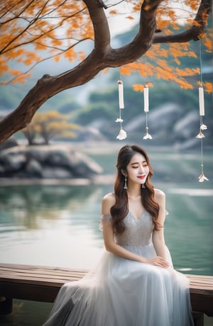 A Korean girl, wearing gray and white tulle, with a delicate face, real style, exquisite facial features, happy smile, sitting by the lake quietly enjoying life, the wind chimes in the wind are so light,
 You listen to the sound of the wind,
 I feel myself gradually rippling,
 It is more comfortable than fallen leaves and more tranquil than lake water.,better photography
