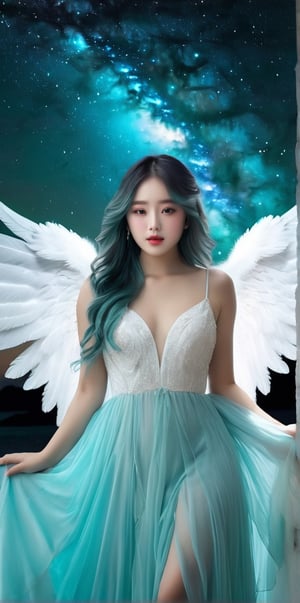 ((EXTREMELY REALISTIC PHOTO)), (PROFESSIONAL PHOTOGRAPH), The image depicts a beautiful Korean woman with long teal hair and angel wings wearing a long waterfall teal tulle, light and airy white dress .  Suspended in the air, with the night sky and the Milky Way behind him, full of dignity, exquisite face, ((super sharp focus)), (realistic textures and skin: 1.1), aesthetics.  Masterpiece, Pure Perfection, HD ((Best Quality, Masterpiece, Detailed)), Ultra High Resolution, HDR, Art, High Detail, Add More Details, (Extreme and Complex Details), ((Original Photo, 64k: 1.37)), ((sharp focus: 1.2)), (soft colors, dull colors, soothing tones), Siena Natural Proportions, ((more details xl)), more details xl, detailmaster2, enhanced all,photo r3al,masterpiece,photo r3al,masterpiece,angel
