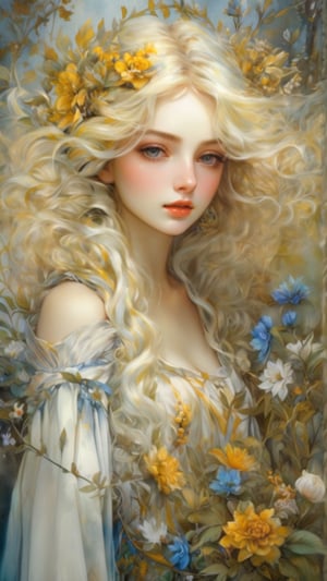 masterpiece, top quality, best quality, official art, beautiful and aesthetic:1.2), extreme detailed. 1 girl, long blonde hair, flowers and leaves entwined within her tresses, shades of white and yellow, wearing white top, ruffled detailing, embroidered pastel color floral chest motif, sleeves billowing at shoulders, tapering to wrists, hands clasped, soft and delicate aesthetic, intricate details in hair and clothing, light-hued background, subject focused, digital painting,more detail XL,watercolor \(medium\), in the style of esao andrews