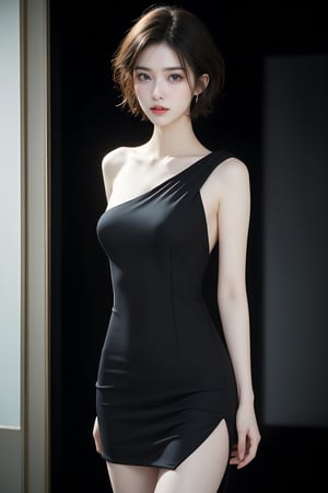 90’s Japanese film poster style, (masterpiece),(Satomi) , perfect anatomy, ((modern fashion one-piece dress)), dim light, muted color, (ultra detailed background of modern interior in a dark black room) ,(short hair),Sexy,girl,perfect,Enhance, FUJI, Satomi