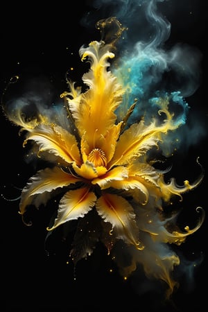 black background, blank background, magic fog, golden smoke, alcohol ink, stunning digital art object, with a splash of magic in vibrant colors and surreal fantasy edge lighting, floral patterns, gold and black spirit, digital art, vibrant, beautiful, splashes, sparkling, cute and adorable, stardust, salute filigree, side lighting, lighting, extreme, magic, surreal, fantasy, digital art, artistic masterpiece, sinister, matte painting, movie poster, golden ratio, intricate, epic,