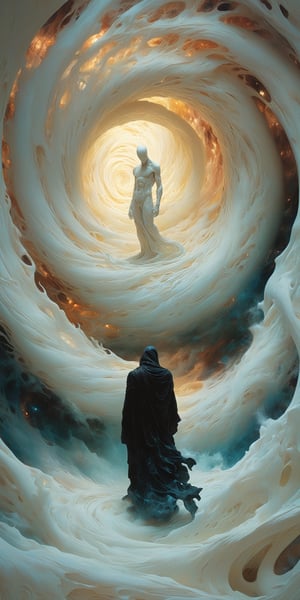 by Nicolas Delort, by Marco Mazzoni, by Antonio J. Manzanedo, a dark silhouetted figure standing in front of a white maelstrom wormhole in an otherworldly surreal dreamscape, white, ivory, breathtaking, eerie, ethereal, in the (style ofSocial Sculpture:1.6), limited dark color palette, unusual colors, highly dramatic volumetric lighting

