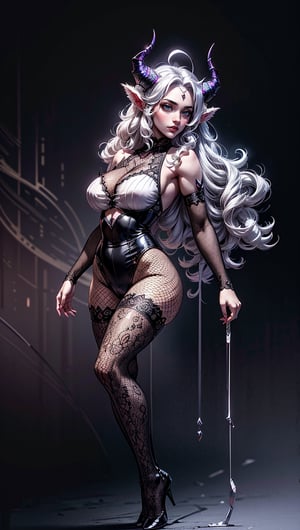 albino demon girl with lethargic sleepy smokey eyes, white curls , insect eyes, antenna , mesh fishnet blouse, (long intricate horns:1.2) best quality, highest quality, extremely detailed CG unity 8k wallpaper, detailed and intricate,, full body view, sexy pose, Silver diadem, Demon Princess













