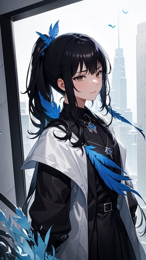 ,//Quality,
Masterpiece, Best Quality, Detailed, (Depth Of Field:1.2), Depth_Of_Field, Light Particles
,//Character,
1girl, Solo, Pissed Off Facial, Light Smirk, Black Long Hair, ((Black Hair Colour)), From Above, Black_Black_Black Hair, Shiny Hair, Brown Eyes, ((Brown Eyes)), Side_High_Ponytail, High Ponytail, Medium Chest, ((Medium Chest))
,//Fashion,
Blue Feather Necklace, Black jacket, Black_Black_White Jacket, Black_Black_White Hoodie, (Blue Feather Garment)), Draped In A Jacket Crafted Entirely From A Myriad Of Blue Feather,  Blue Feather
,//Background,
Gigantic Turtle City
,//Others,
Void volumes, Side view, Holding_Blue_White_Vial , ((wlop)), showcase glass,yandere,mirror