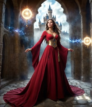 Cinematic photo realistic full body shot of a magical sorceress in a mystical castle complex in the heavens, gold  jewlery, Fantasy Dream, windy, mysterious, earthy, Abstract Neoralism, red clothing, fractal yarn strands of light, colorful tiny floating orbs of light, cinematic, Film light, Hyper detailed, masterpiece, atmospheric, High resolution, 8k, HDR, 500px, perfect eyes, skin blemish, detailed skin,3g3Kl0st3rXL