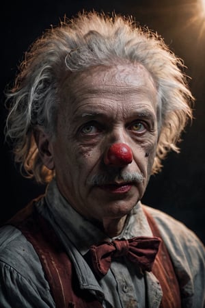Potrait, a Albert Einstein as Killer Clown in the dark background, sharp gaze, angry face, decay process, fog, scifi horror film, Dreamy Surreal, scp087, film, sunlight, detailed textures, highly realistic 66mm film analog photography, night, grainy, color, highly detailed and intricate, exquisite detail, epic, dramatic, cinematic lighting, high contrast, photo realistic, haze film grain effect, stylish makeup, horror scene, side_view,blacklight makeup