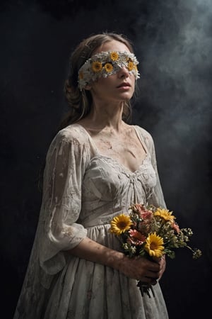 Girl eyes covered with flowers, elegant dress in the dark background, angry face, decay process, fog, scifi horror film, Dreamy Surreal, scp087, film, sunlight, detailed textures, highly realistic 66mm film analog photography, night, grainy, color, highly detailed and intricate, exquisite detail, epic, dramatic, cinematic lighting, high contrast, photo realistic, haze film grain effect, stylish makeup, horror scene, side_view,blacklight makeup,Flower Blindfold
