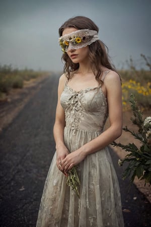 Girl eyes covered with flowers, elegant dress in the asphalt road in the middle of the desert ,overcast, decay process, fog, scifi horror film, Dreamy Surreal, scp087, film, sunlight, detailed textures, highly realistic 66mm film analog photography, night, grainy, color, highly detailed and intricate, exquisite detail, epic, dramatic, cinematic lighting, high contrast, photo realistic, haze film grain effect, stylish makeup, horror scene, side_view,blacklight makeup,Flower Blindfold