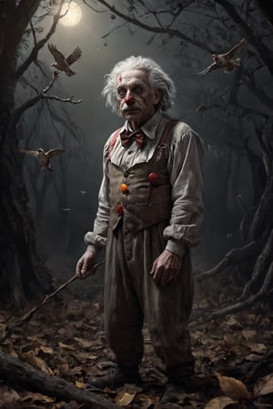 Potrait, a ((Albert Einstein as Killer Clown in the dark background with tree branches, dead leaves, and birds: 1.2)), sharp gaze, angry face, decay process, fog, scifi horror film, Dreamy Surreal, scp087, film, sunlight, detailed textures, highly realistic 66mm film analog photography, night, grainy, color, highly detailed and intricate, exquisite detail, epic, dramatic, cinematic lighting, high contrast, photo realistic, haze film grain effect, stylish makeup, horror scene, side_view