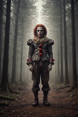 Potrait, a Michael Jackson as Killer Clown, in the middle of the forest, decay process, fog, scifi horror film, Dreamy Surreal, scp087, film, sunlight, detailed textures, highly realistic 66mm film analog photography, night, grainy, color, highly detailed and intricate, exquisite detail, epic, dramatic, cinematic lighting, high contrast, photo realistic, haze film grain effect, stylish makeup, horror scene.
