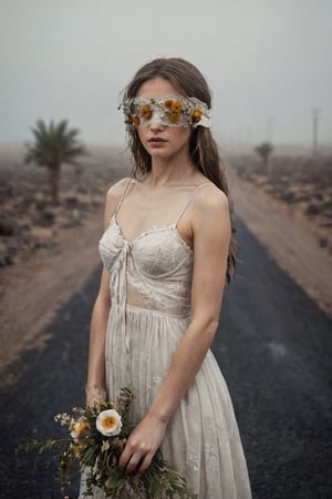 Girl eyes covered with flowers, shabby wedding dress  in the asphalt road in the middle of the desert ,overcast, decay process, fog, scifi horror film, Dreamy Surreal, scp087, film, sunlight, detailed textures, highly realistic 66mm film analog photography, night, grainy, color, highly detailed and intricate, exquisite detail, epic, dramatic, cinematic lighting, high contrast, photo realistic, haze film grain effect, stylish makeup, horror scene, side_view,blacklight makeup,Flower Blindfold