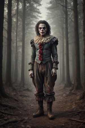 Potrait, a Michael Jackson as Killer Clown, in the middle of the forest, decay process, fog, scifi horror film, Dreamy Surreal, scp087, film, sunlight, detailed textures, highly realistic 66mm film analog photography, night, grainy, color, highly detailed and intricate, exquisite detail, epic, dramatic, cinematic lighting, high contrast, photo realistic, haze film grain effect, stylish makeup, horror scene.