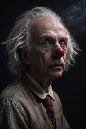 Potrait, a Albert Einstein as Killer Clown in the dark background, sharp gaze, angry face, decay process, fog, scifi horror film, Dreamy Surreal, scp087, film, sunlight, detailed textures, highly realistic 66mm film analog photography, night, grainy, color, highly detailed and intricate, exquisite detail, epic, dramatic, cinematic lighting, high contrast, photo realistic, haze film grain effect, stylish makeup, horror scene, side_view