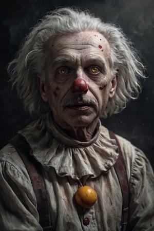 Potrait, a Albert Einstein as Killer Clown in the dark background, sharp gaze, angry face, decay process, fog, scifi horror film, Dreamy Surreal, scp087, film, sunlight, detailed textures, highly realistic 66mm film analog photography, night, grainy, color, highly detailed and intricate, exquisite detail, epic, dramatic, cinematic lighting, high contrast, photo realistic, haze film grain effect, stylish makeup, horror scene, side_view