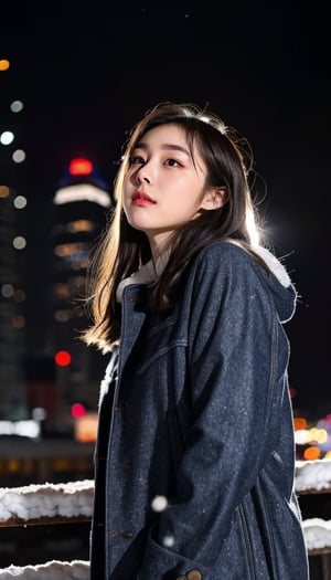 cute girl, long hair, fashion coat, pink winter coat, Jeans, standing looking up at the sky as snow is falling, winter night city, cloudy, 4K, ultra HD, RAW photo, realistic, masterpiece, best quality, beautiful skin, white skin, 50mm, medium shot, outdoor, half body, photography, Portrait, ,chinatsumura, high fashion, snowflakes, warm lighting