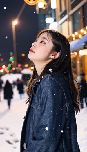 cute girl, long hair, fashion coat, Jeans winter coat, standing looking up at the sky as snow is falling, winter night city, cloudy, 4K, ultra HD, RAW photo, realistic, masterpiece, best quality, beautiful skin, white skin, 50mm, medium shot, outdoor, half body, photography, Portrait, ,chinatsumura, high fashion, snowflakes, warm lights, christmas lights, festival atmosphere