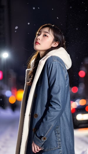 cute girl, long hair, fashion coat, pink winter coat, Jeans, standing looking up at the sky as snow is falling, winter night city, cloudy, 4K, ultra HD, RAW photo, realistic, masterpiece, best quality, beautiful skin, white skin, 50mm, medium shot, outdoor, half body, photography, Portrait, ,chinatsumura, high fashion, snowflakes, warm lighting