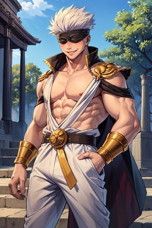 (masterpiece, best quality:1.2), solo, male focus, 1boy, gojo satoru, smile,greek clothes,ancient greek clothes,Greek God outfit, outfit with golden details,Male focus,blindfold,((official art)),((Gege Akutami)),((Satoru Gojo))