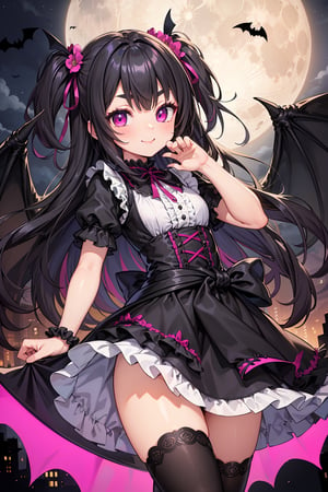MASTERPIECE, best quality, high quality, extremely detailed, very delicate and beautiful, (female 18 years old, alone solo: 1.2), (long black hair, two-side up to waist: 1.4), fringes to eyebrows, eyes glazed. sharp strong glossy glossy eyes, glossy eyebrows, (eye colour magenta: 1.2), 6.5 head tall, (bat gothic lolita fashion: 1.3), knee socks, lace, frills, (provocative smile), (hand on waist), (dynamic pose), (background moon),