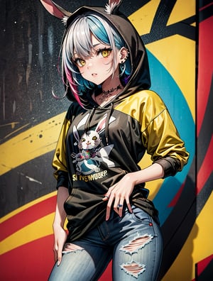 Cool and trendy rabbits, rainbow-colored hair, Yellow eyes, Wear trendy hip-hop clothes, Wearing a hoodie, Graphic T-shirt and ripped jeans, Lots of tattoos and piercings, Doodle style background, Highly detailed background, perfect masterpiece, High quality, High resolution
