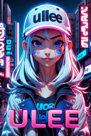 text "ULEE" text logo,anime girl with a cap, white hair, street background in neon pink and blue colors, scars, stickers, smirk face, neon style of whole shot,3D Render Style