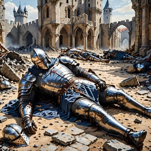 nodf_xl, digital art, 1male, knight, full armor, face covered with helmet, sad, lying down on the ground, defeated, stressed, Medieval era, buildings in ruins, destroyed 