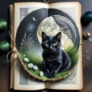 ((ultra realistic photo)), artistic sketch art, Make a little pencil sketch of a CUTE BLACK CAT on an old TORN EDGE BOOK PAGE , art, textures, pure perfection, high definition, feather around, DELICATE FLOWERS, ball of yarn, SHINY COIN, grass fiber on the paper, LITTLE MOON, MOONLIGHT, TINY MUSHROOM, PETALS, SPIDERWEB, CRYSTAL, MOSS FIBER , TEALIGHT, DELICATE CELTIC ORNAMENT, BUNCH OF KEYS, detailed calligraphy text, tiny delicate drawings, DISORDERED