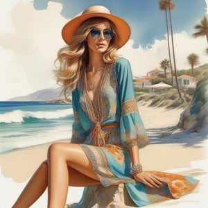 young girl , lazy hair style, long legs, Riviera spring beach near the ocean (full body shot). Modifiers:modern colorful illustration style VINTAGE fashion illustration, Leyendecker ART, VINTAGE 1960s hippie boho fashion illustration, whimsical style, intricately textured and detailed, Pomological Watercolor, depth of field, ultra quality ,ink art, transparent fading
