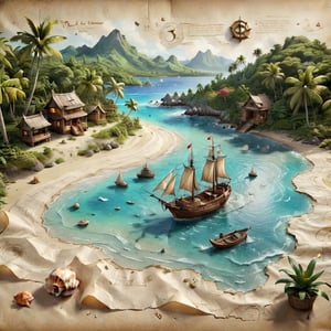 ((ultra ARTISTIC sketch)), (artistic sketch art), Make a 3d DETAILED old torn paper map (a detailed Sketch on the paper about a treasure map) the paper scroll lay on the TROPICAL BAY SANDY BEACH,  some tiny SEA SHELLS , tiny sailing ship, tiny bungalows,on parchment