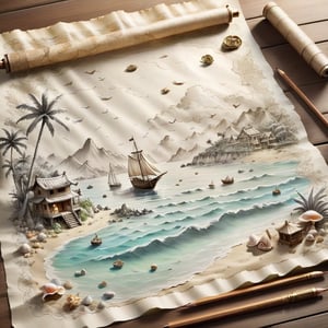 ((ultra ARTISTIC sketch)), (artistic sketch art), Make a 3d DETAILED old torn paper scroll (a detailed Sketch on the paper about a treasure map) the paper scroll lay on the TROPICAL BAY SANDY BEACH,  some tiny SEA SHELLS , tiny sailing ship, tiny bungalows, tiny clouds, tiny treasure chest, DISORDERED,(Pencil_Sketch:1.2