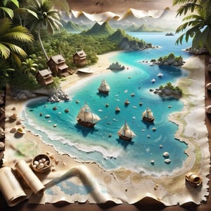 ((ultra ARTISTIC sketch)), (artistic sketch art), Make a 3d DETAILED old torn paper map (a detailed Sketch on the paper about a treasure map) the paper scroll lay on the TROPICAL BAY SANDY BEACH,  some tiny SEA SHELLS , tiny sailing ship, tiny bungalows,