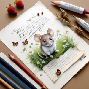 ((ultra realistic photo)), artistic sketch art, Make a little WHITE LINE pencil sketch of a cute tiny! MOUSE on an old TORN EDGE paper , art, textures, pure perfection, high definition, LITTLE FRUITS, butterfly, berry, DELICATE FLOWERS ,grass fiber, BUNCH OF GRASS  on the paper, little calligraphy text, little drawings, Text: "Szilvia",text as "",BookScenic