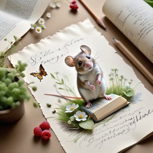 ((ultra realistic photo)), artistic sketch art, Make a little WHITE LINE pencil sketch of a cute tiny MOUSE on an old TORN EDGE paper , art, textures, pure perfection, high definition, LITTLE FRUITS, butterfly, berry, DELICATE FLOWERS ,grass fiber, CLUSTER OF GRASS  on the paper, little calligraphy text, little drawings, Text: "Szilvi",text as "",BookScenic