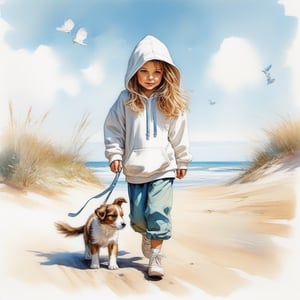 long haired CUTE 9 year old BLUE EYED girl (wearing a white, baggy hooded sweatshirt and baggy trouser) walking in the spring time beach with a cute puppy, little birds on the sky. Modifiers: Bob peak ART STYLE, Coby Whitmore ART style, George Booth ART STYLE, fashion magazine illustration