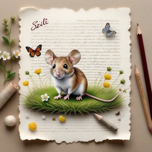 ((ultra realistic photo)), artistic sketch art, Make a little WHITE LINE pencil sketch of a cute tiny MOUSE on an old TORN EDGE paper , art, textures, pure perfection, high definition, LITTLE FRUITS, butterfly, berry, DELICATE FLOWERS ,grass fiber, BUNCH OF GRASS  on the paper, little calligraphy text, little drawings, Text: "Szilvi",text as "",BookScenic