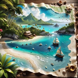 ((ultra ARTISTIC sketch)), (artistic sketch art), Make a 3d DETAILED old torn paper map (a detailed Sketch on the paper about a treasure map) the paper scroll lay on the TROPICAL BAY SANDY BEACH,  some tiny SEA SHELLS , tiny sailing ship, tiny bungalow,Mecha