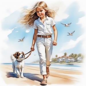 long haired CUTE 10 year old (BLUE EYED girl in BOHO STYLE white jeans and loose fitting white polo) walking in the spring time beach street with a cute puppy, little birds on the sky. Modifiers: Bob peak ART STYLE, Coby Whitmore ART style, fashion magazine illustration,